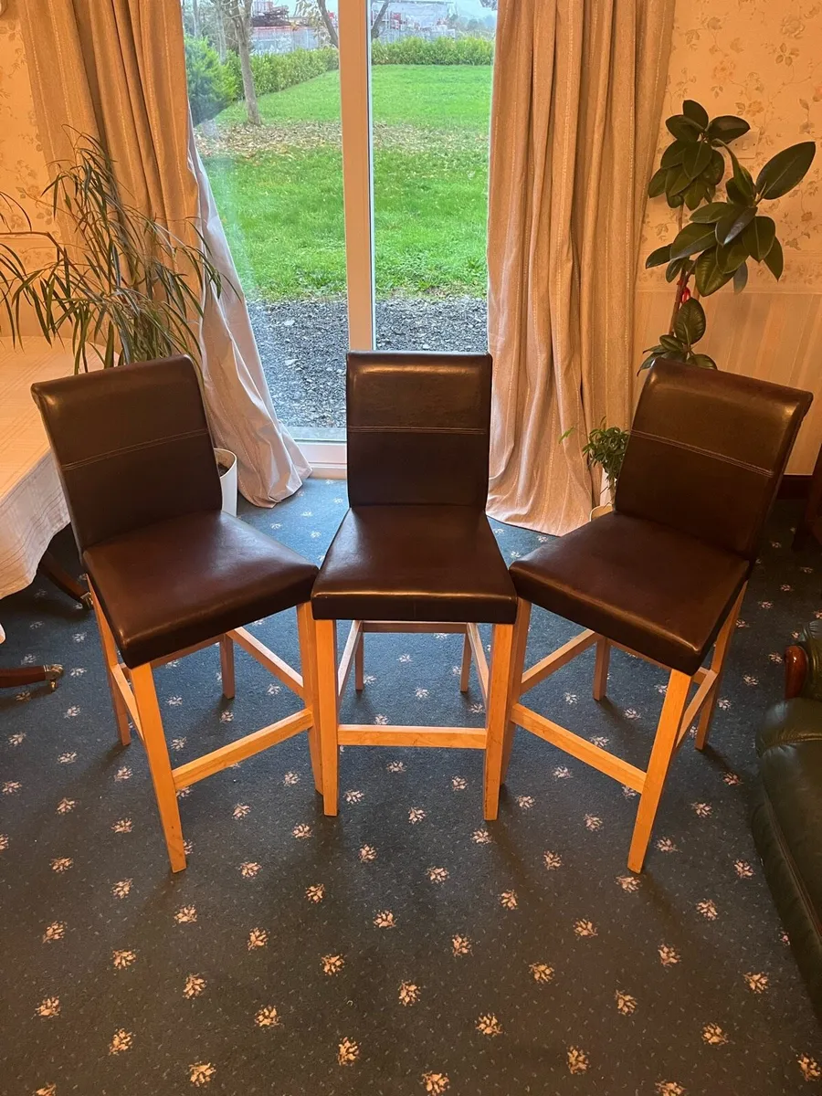 3 Dark Brown Leather Bar Stools - Image 2