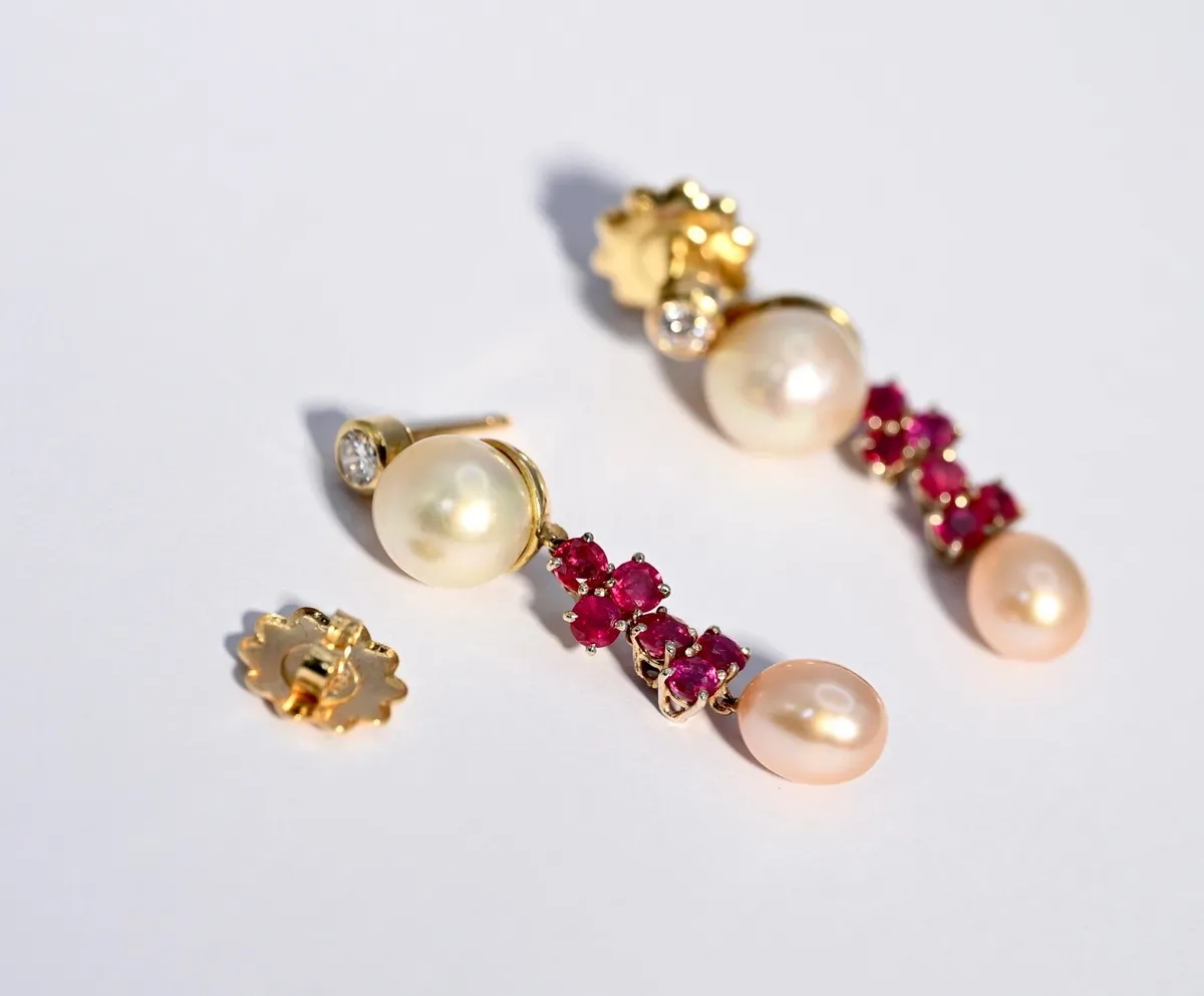 Vintage Pearl, Ruby & Diamond Earrings - 18ct - Image 2