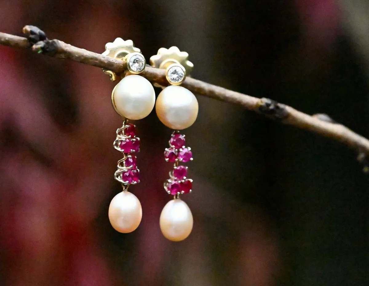 Vintage Pearl, Ruby & Diamond Earrings - 18ct - Image 1