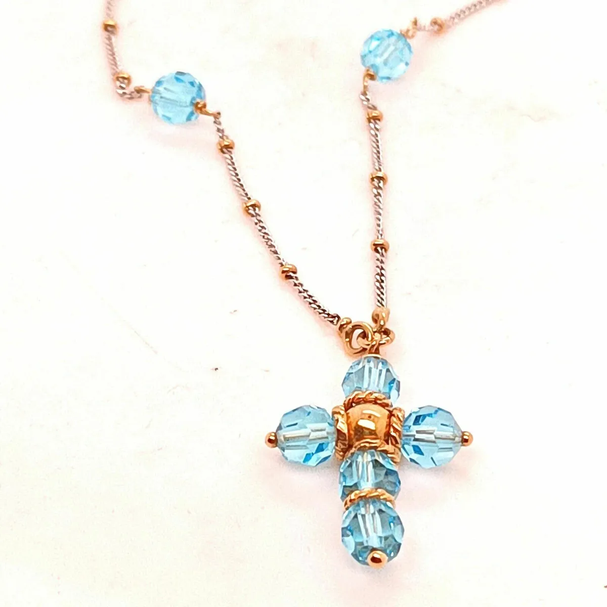 18k Yellow & White Gold Rosary with Blue Crystals - Image 4