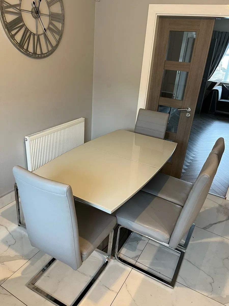 **NEED GONE** Grey glass table, 4 chairs and bench - Image 1