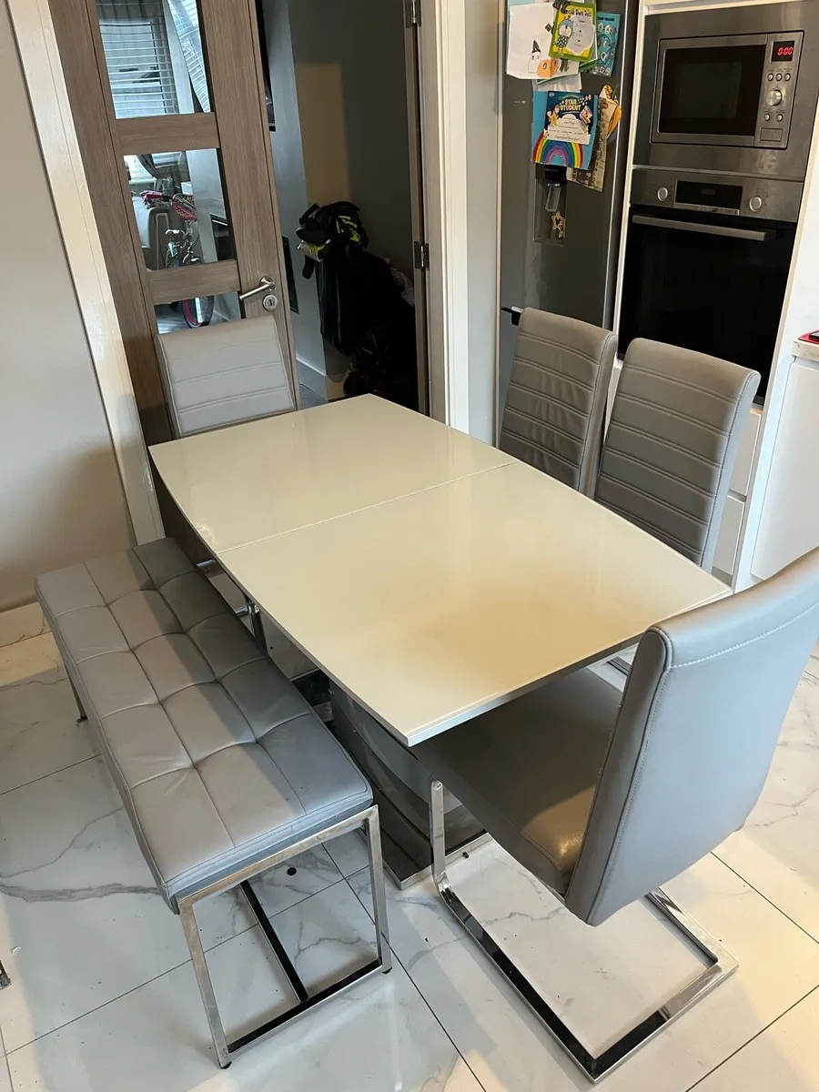 **NEED GONE** Grey glass table, 4 chairs and bench - Image 2