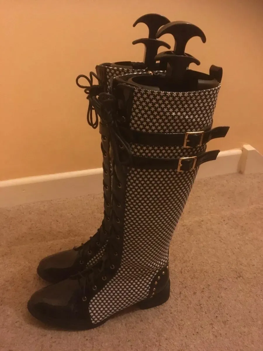 BRAND NEW Black and White Tall Knee Boots, Size 40 - Image 1