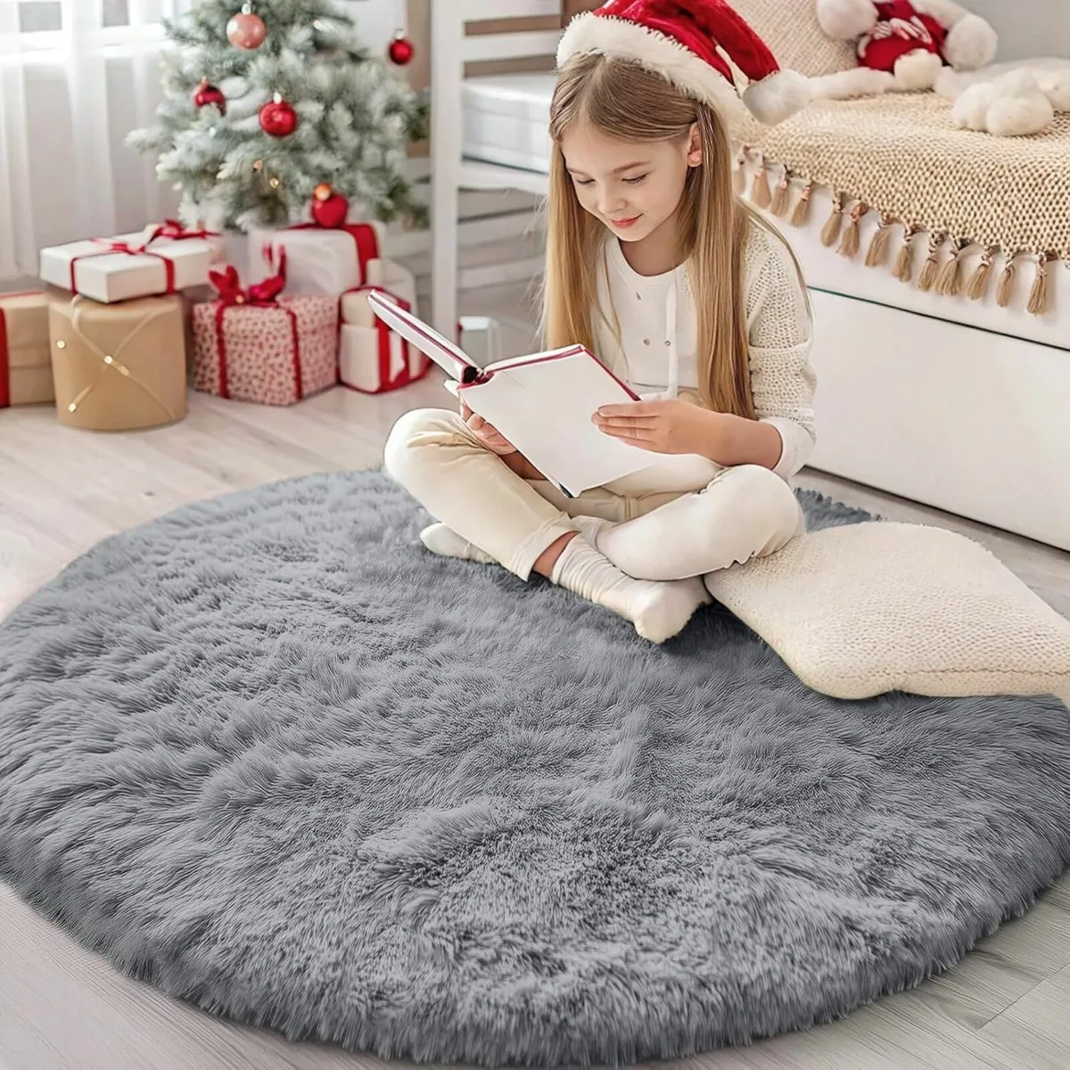 Fluffy Shaggy Rugs Soft Thick Grey, Round 120 cm - Image 1