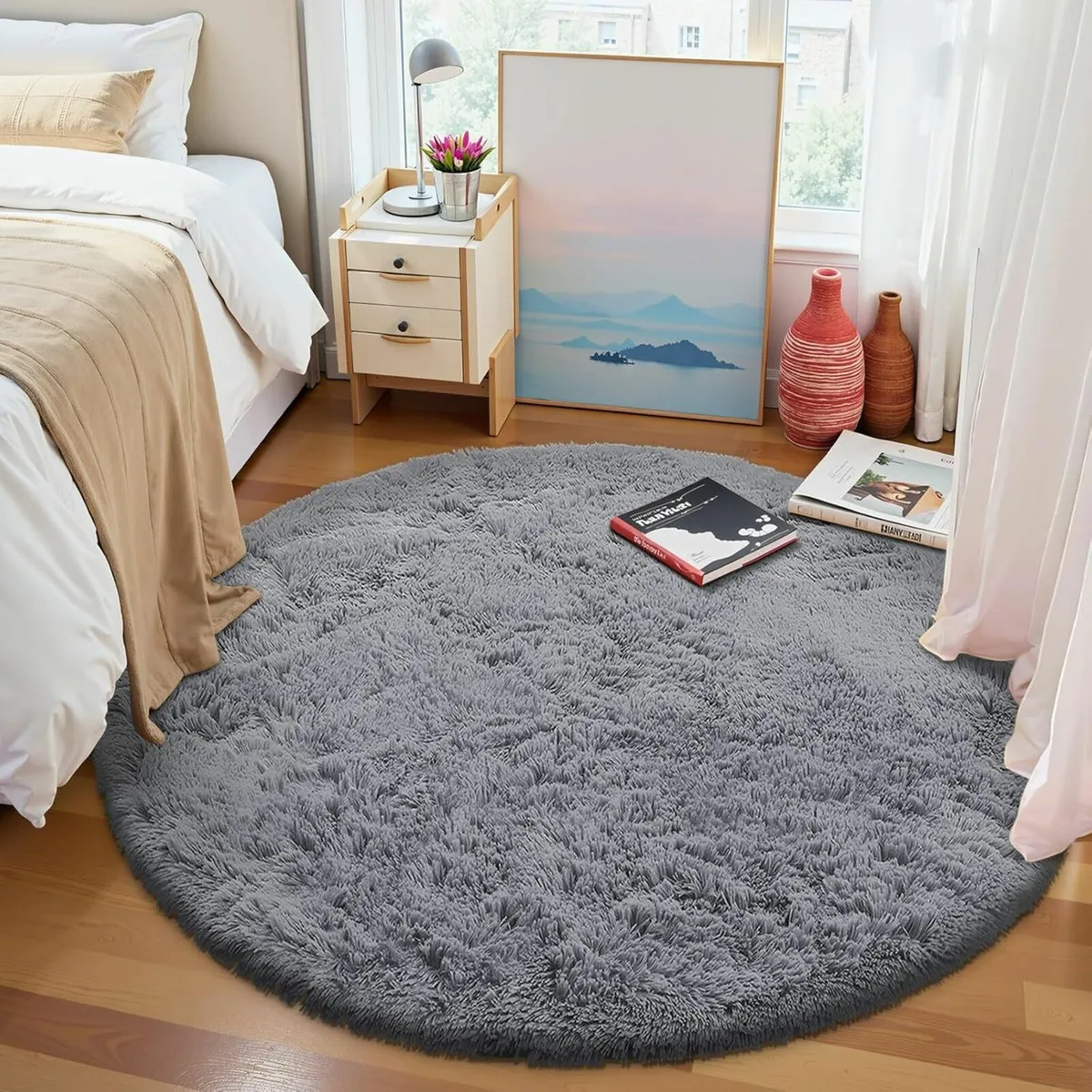 Fluffy Shaggy Rugs Soft Thick Grey, Round 120 cm - Image 4