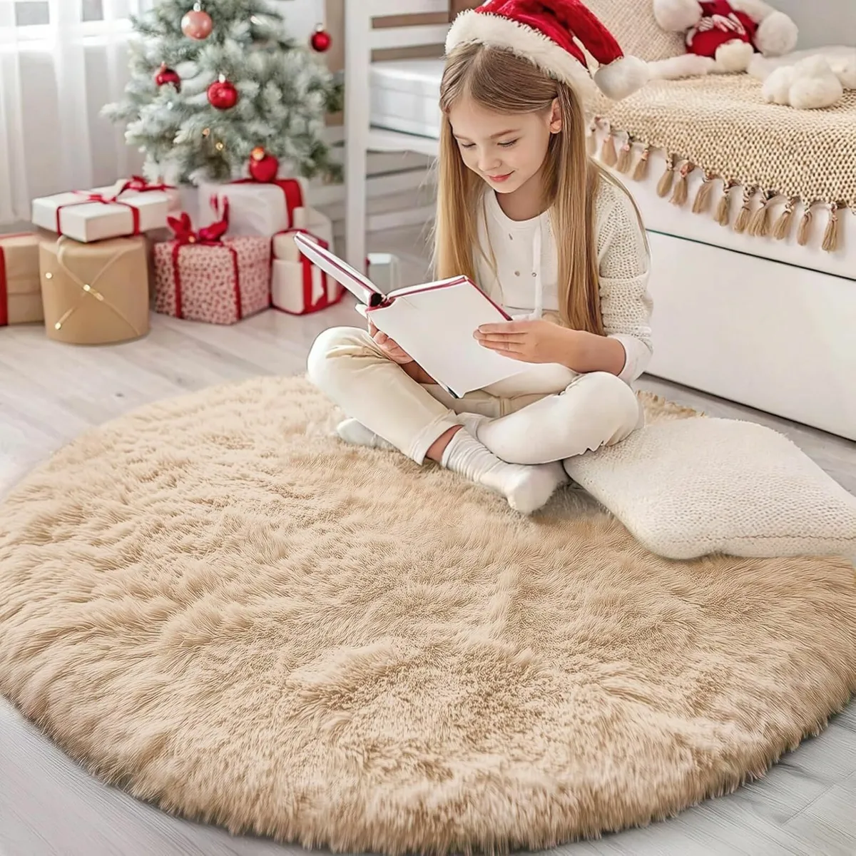 Fluffy Shaggy Rugs Soft Thick Beige, Round 120 cm - Image 1