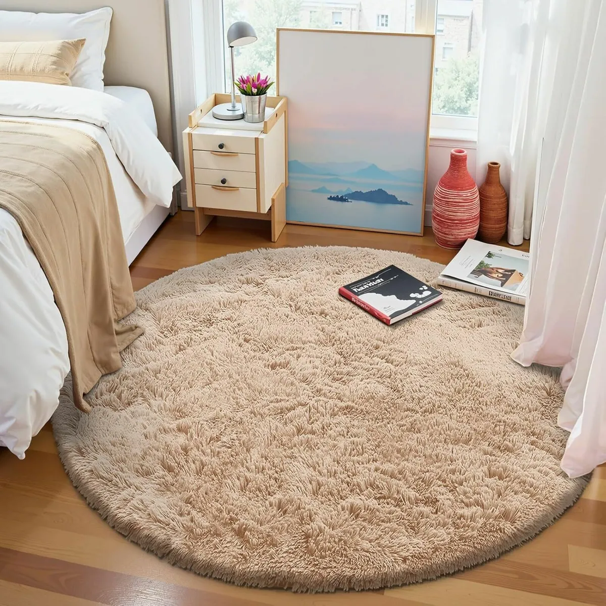 Fluffy Shaggy Rugs Soft Thick Beige, Round 120 cm - Image 2