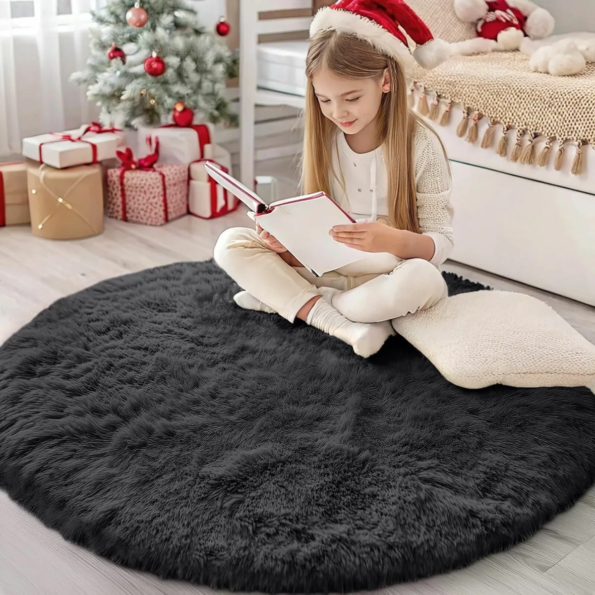 Fluffy Shaggy Rugs Soft Thick Black, Round 120 cm - Image 3