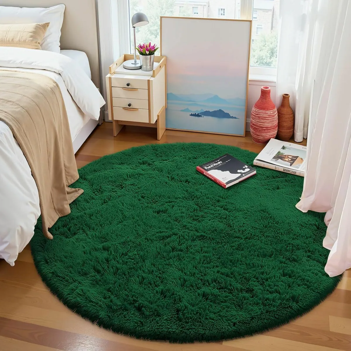 Fluffy Shaggy Rugs Soft Thick Green, Round 120 cm - Image 2