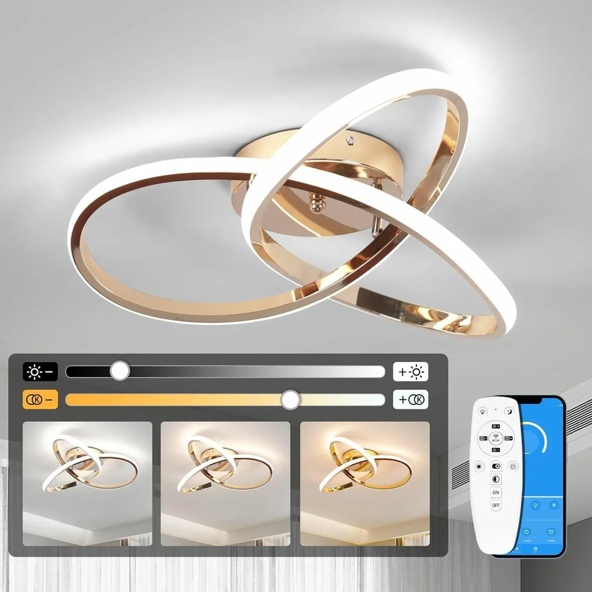 Led Ceiling Light Dimmable, Modern Lamp Rose Gold - Image 2