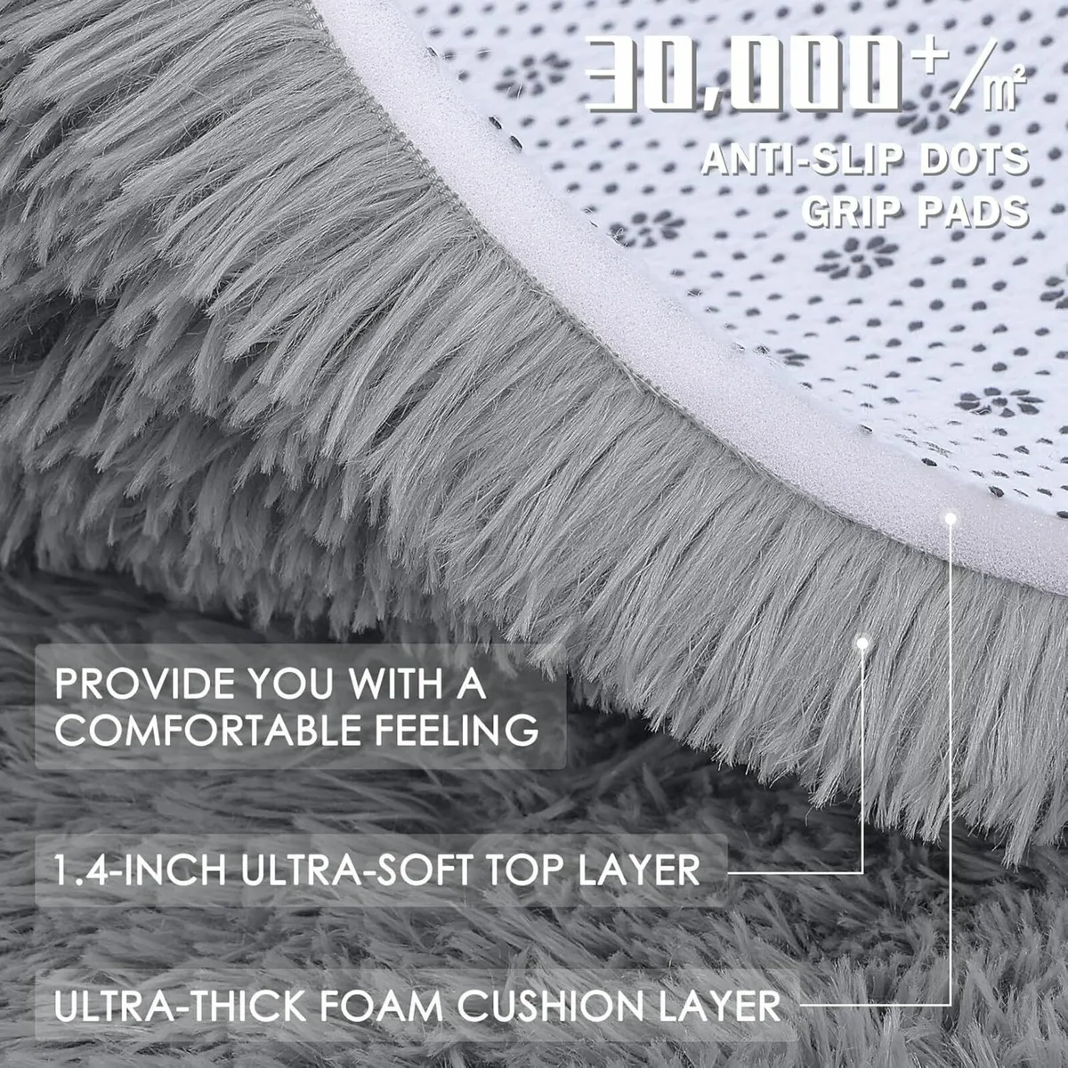 Fluffy Shaggy Rugs Soft Thick Grey, Round 120 cm - Image 3