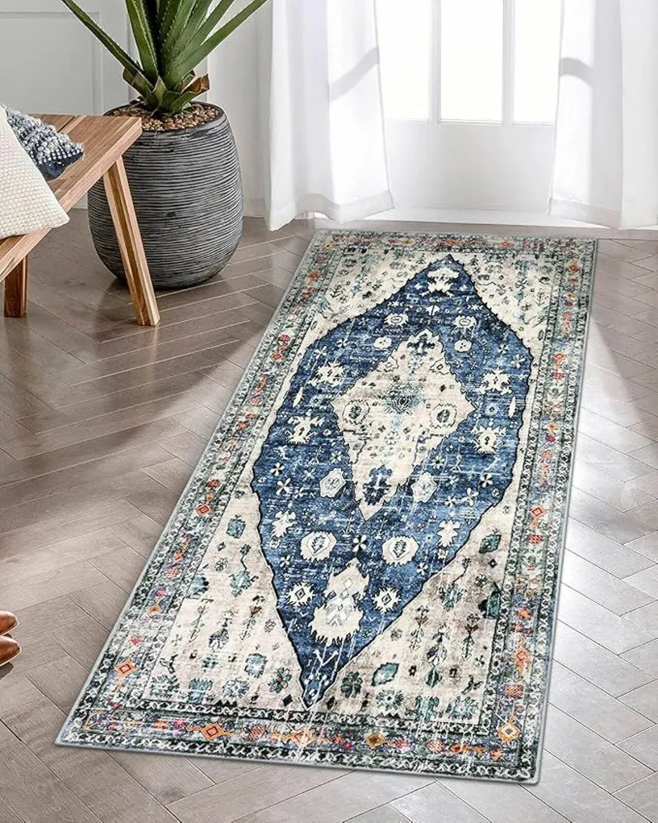 Boho Area Rug 60x130cm, Soft Vintage Indoor Blue - Image 1