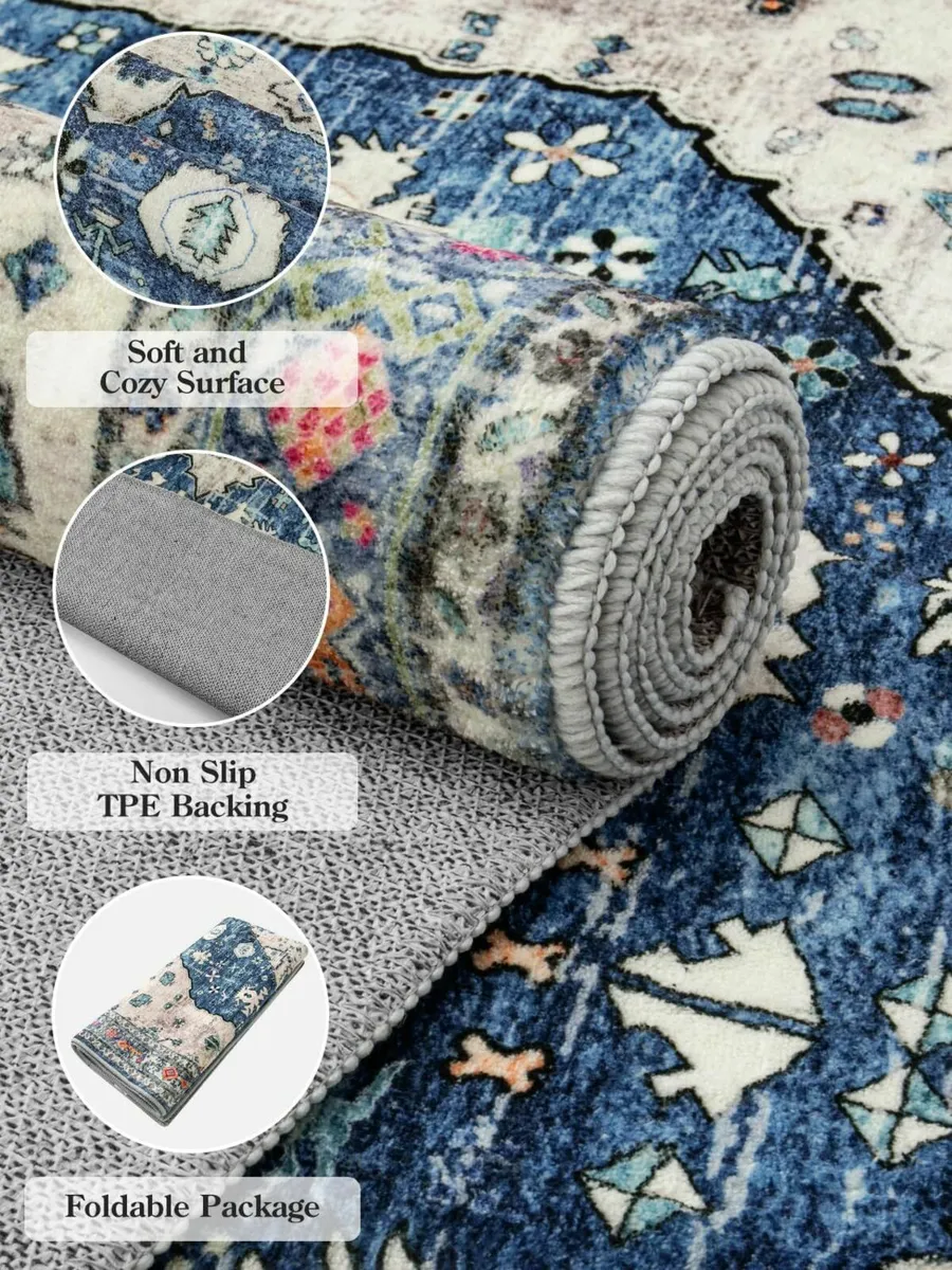 Boho Area Rug 60x130cm, Soft Vintage Indoor Blue - Image 3