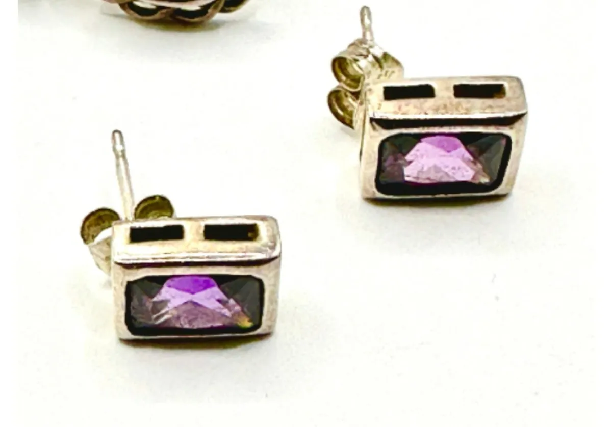 Silver Stud Earrings with Faceted Purple Stones - Image 1