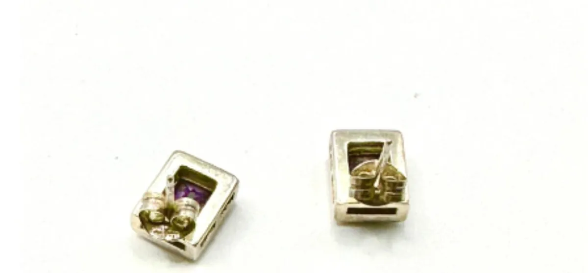 Silver Stud Earrings with Faceted Purple Stones - Image 2