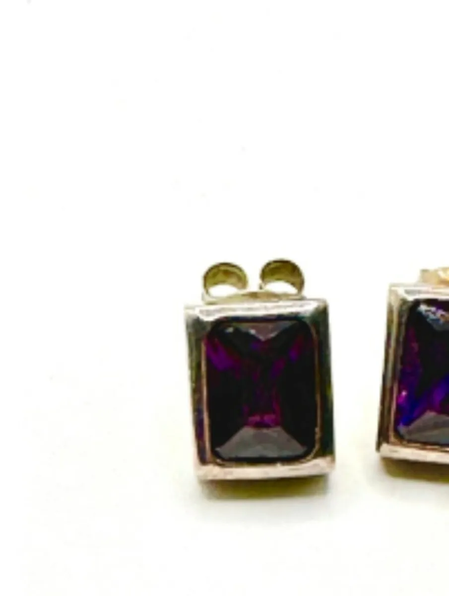 Silver Stud Earrings with Faceted Purple Stones - Image 3