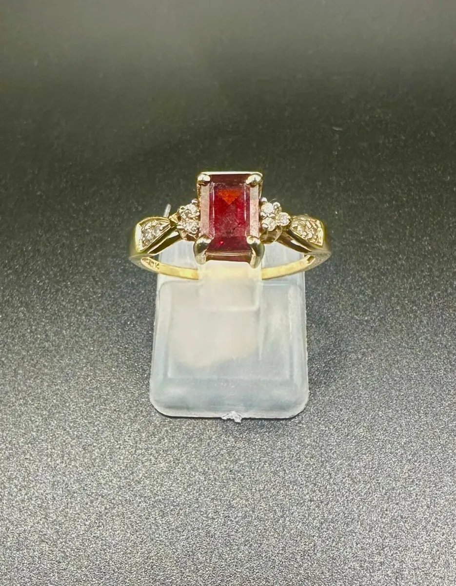 9k Yellow Gold Emerald Cut Garnet and Diamond Ring - Image 1
