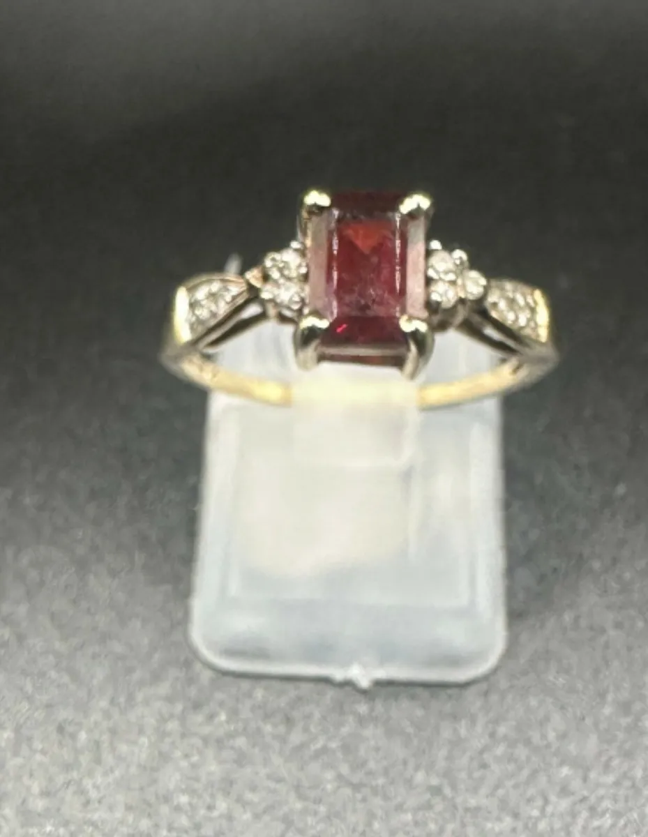 9k Yellow Gold Emerald Cut Garnet and Diamond Ring - Image 2