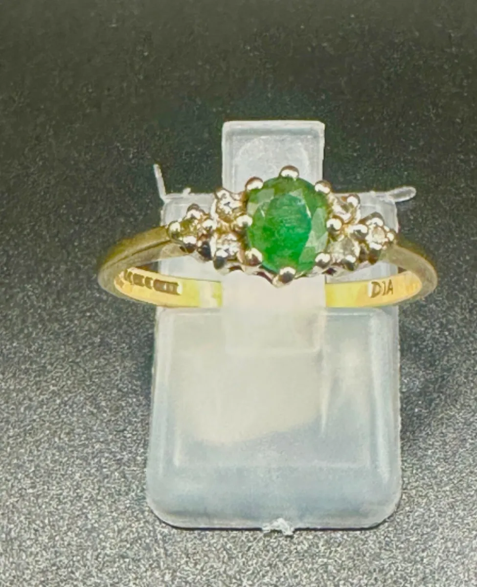 9k Yellow Gold Emerald and Diamond Cluster Ring - Image 1
