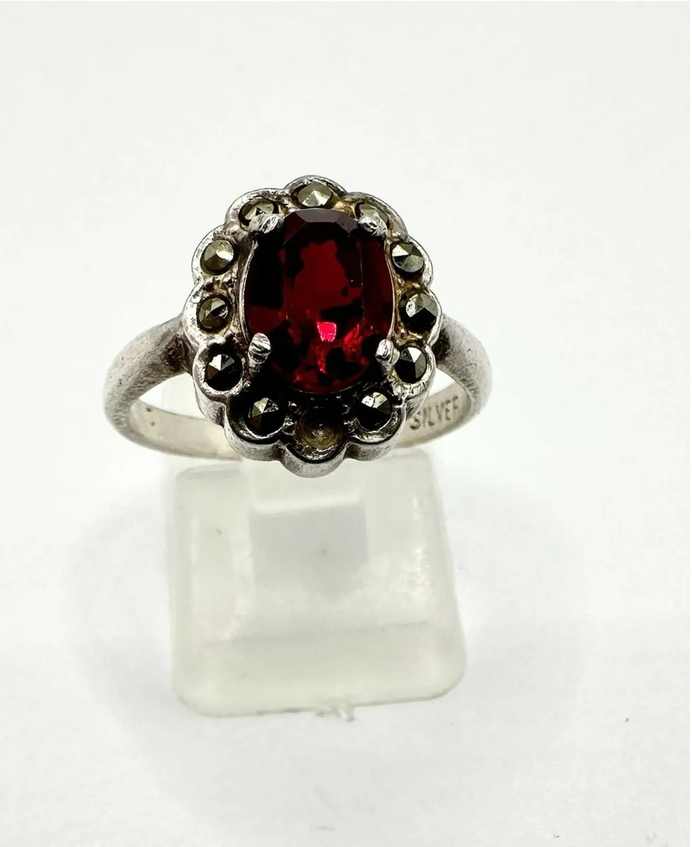 Silver Marcasite and Red Gemstone Cluster Ring - Image 1