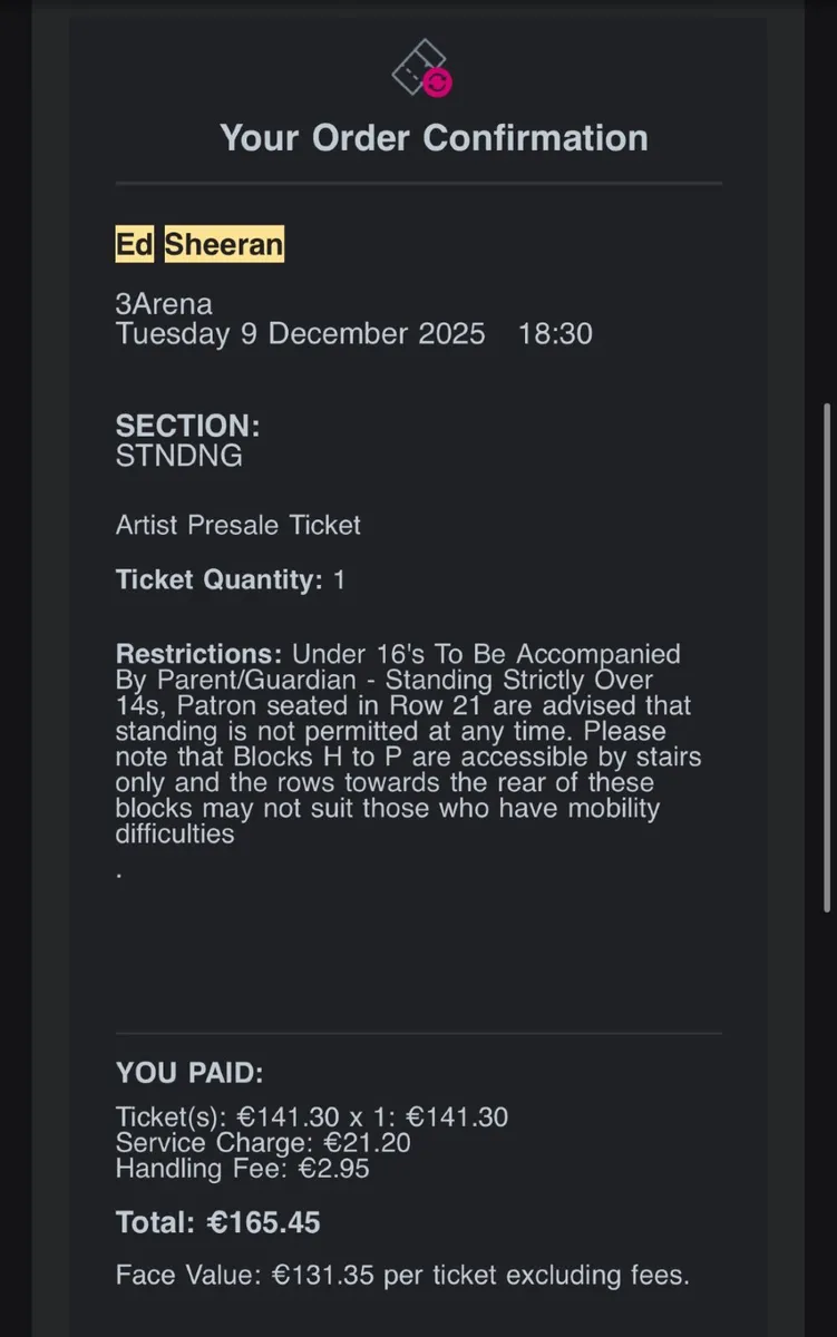 Ed Sheeran Concert Ticket - Image 3