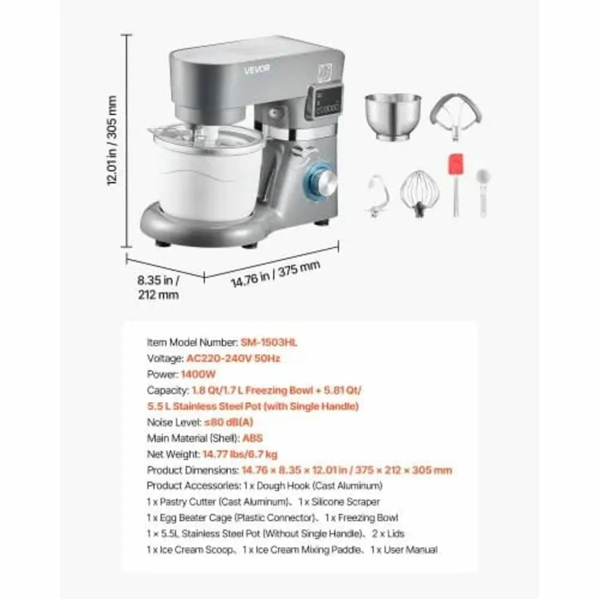 Ice Cream Maker, 1.7 L Capacity, 6-Speed Electric - Image 3
