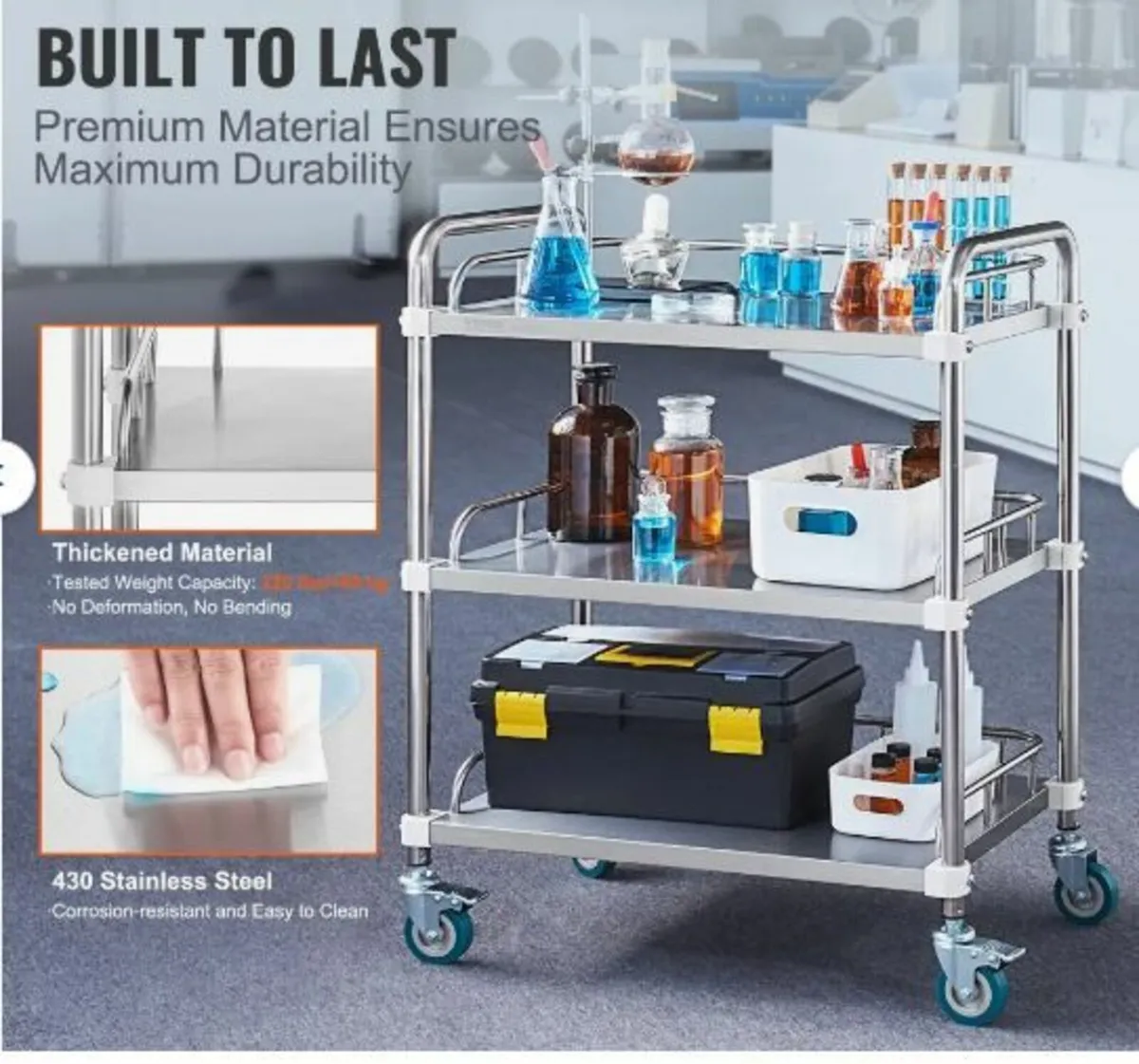 Lab Rolling Cart, 3-Shelf Stainless Steel - Image 3