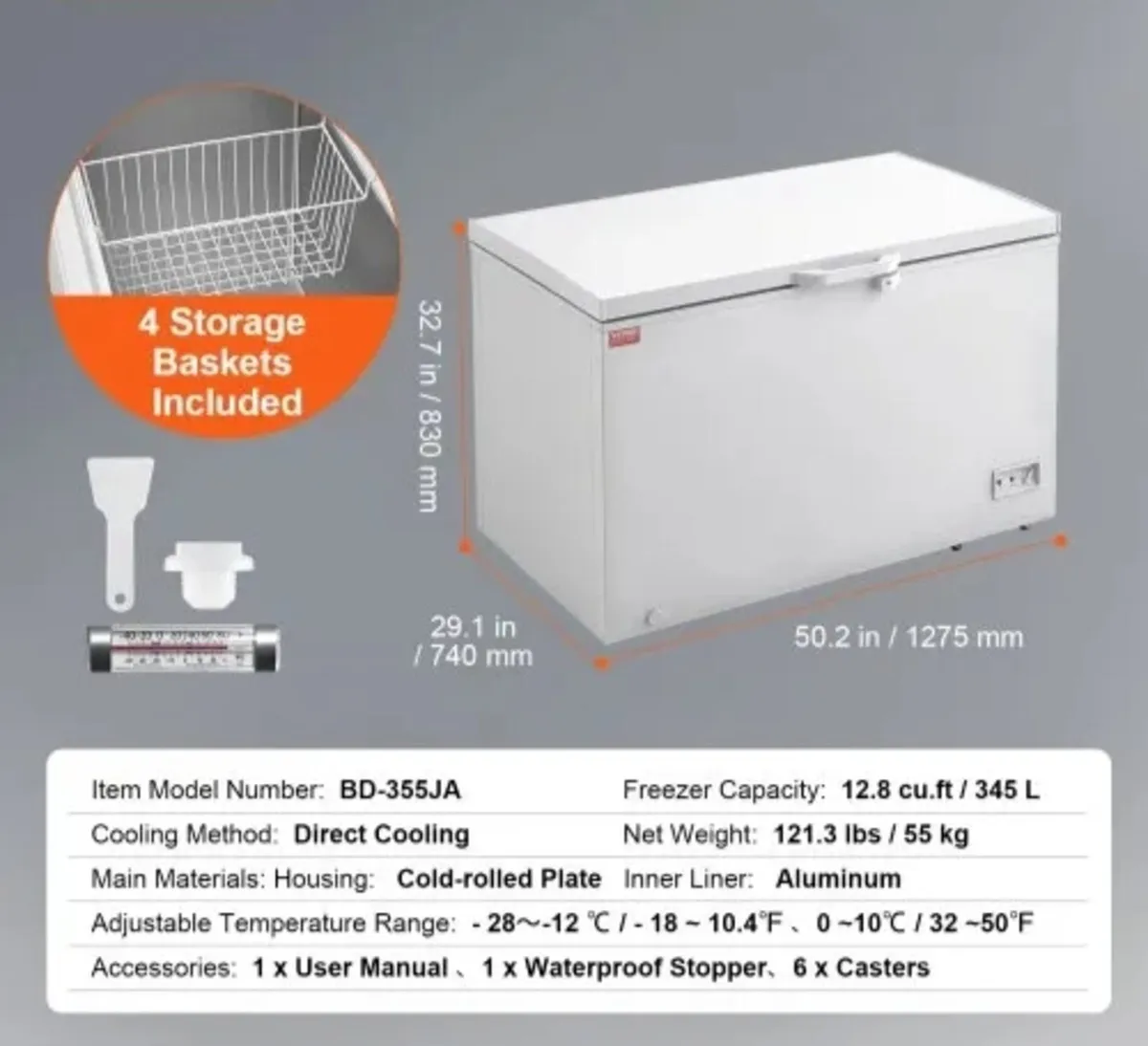 Chest Freezer, 12.8 cu.ft / 345 L Large Deep Freez - Image 3