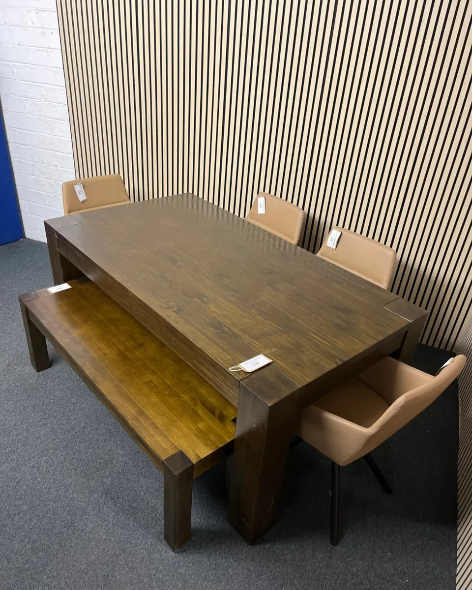 LARGE SOLID WOOD  DINING TABLE- BENCH & 4 CHAIRS - Image 2