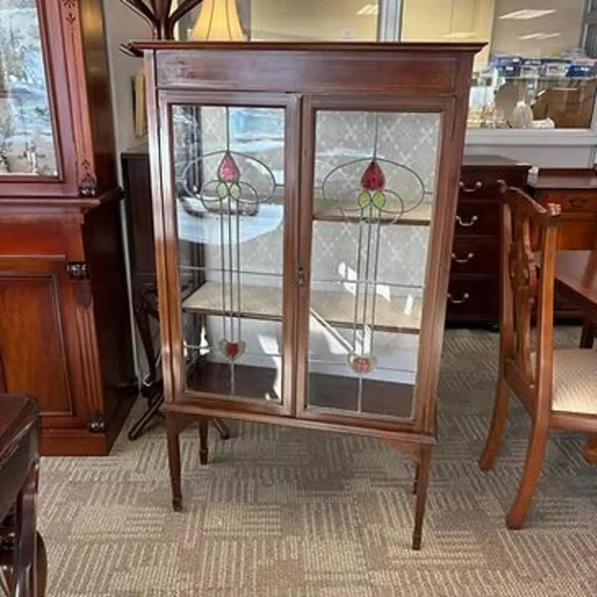 Beautiful Edwardian display cabinet. Fabric inside