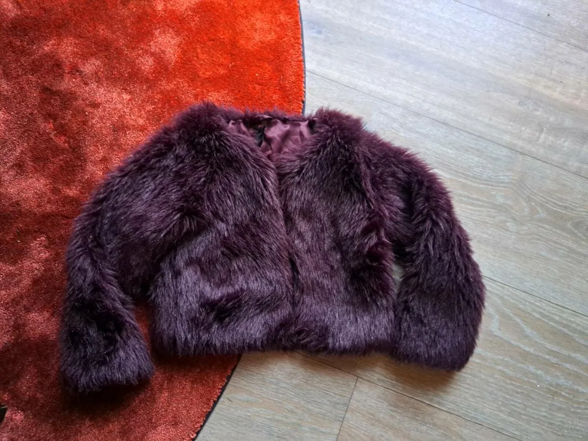Girls NEXT mulberry burgundy fur jacket 7-8 - Image 1