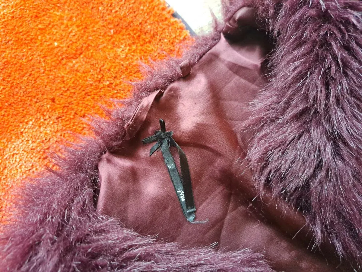 Girls NEXT mulberry burgundy fur jacket 7-8 - Image 2