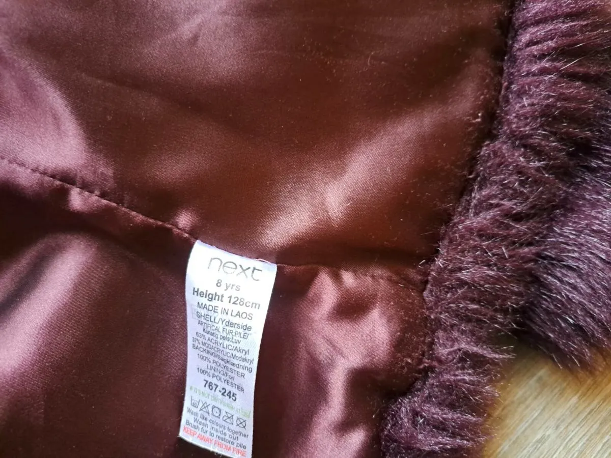 Girls NEXT mulberry burgundy fur jacket 7-8 - Image 3
