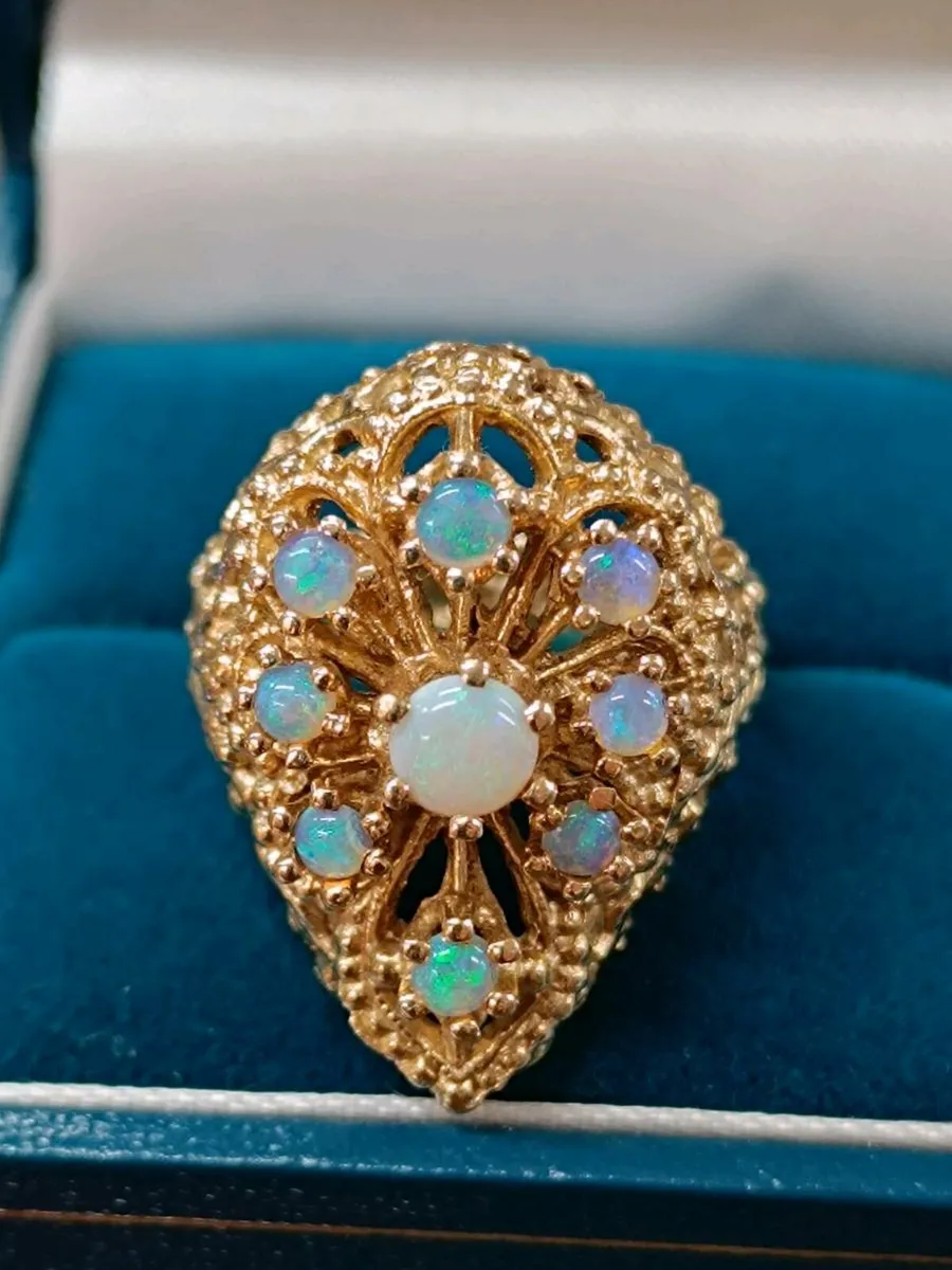 Opal Ornate Filigree Pear Cluster Ring ,14K Gold - Image 1