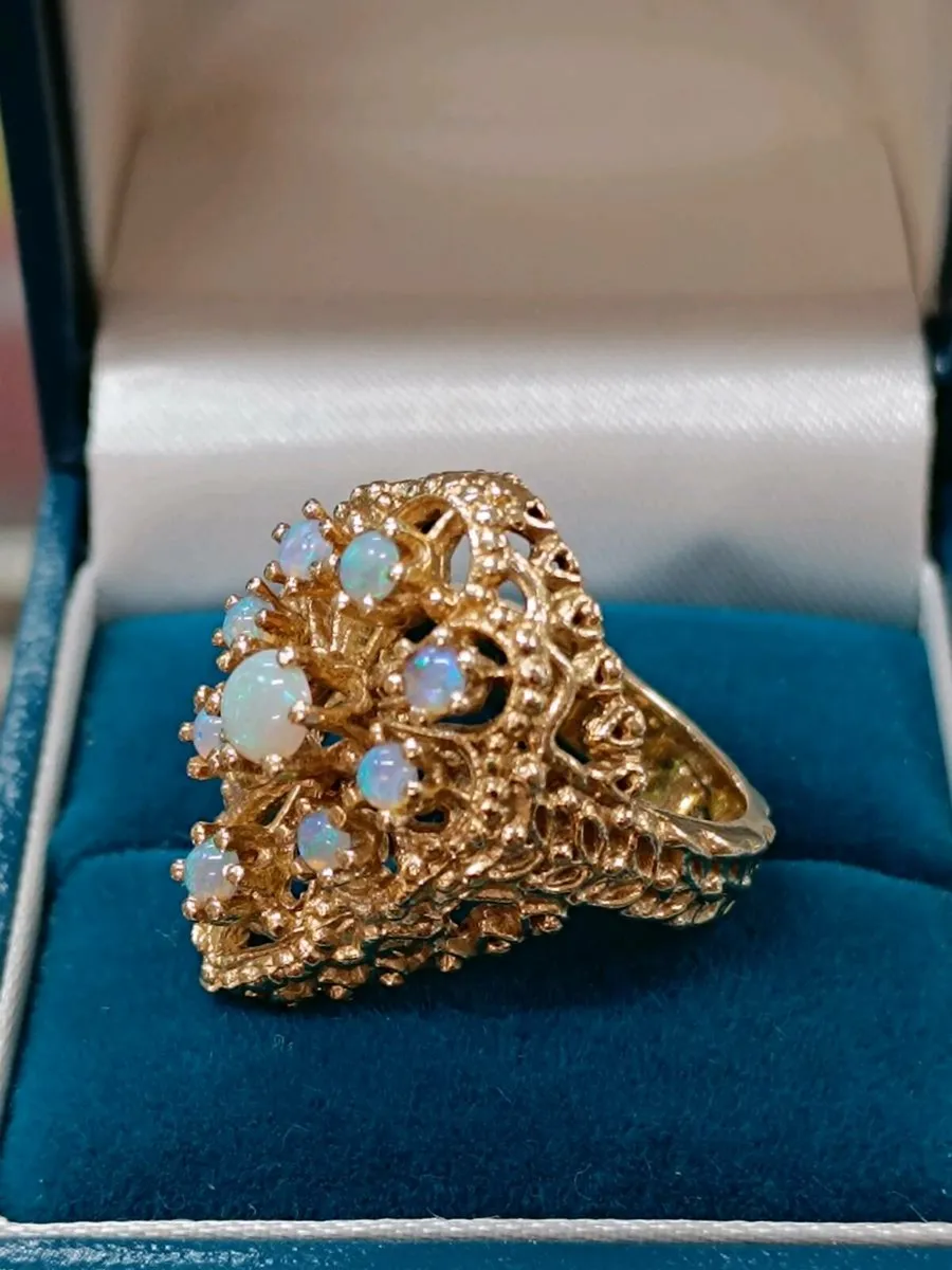 Opal Ornate Filigree Pear Cluster Ring ,14K Gold - Image 3