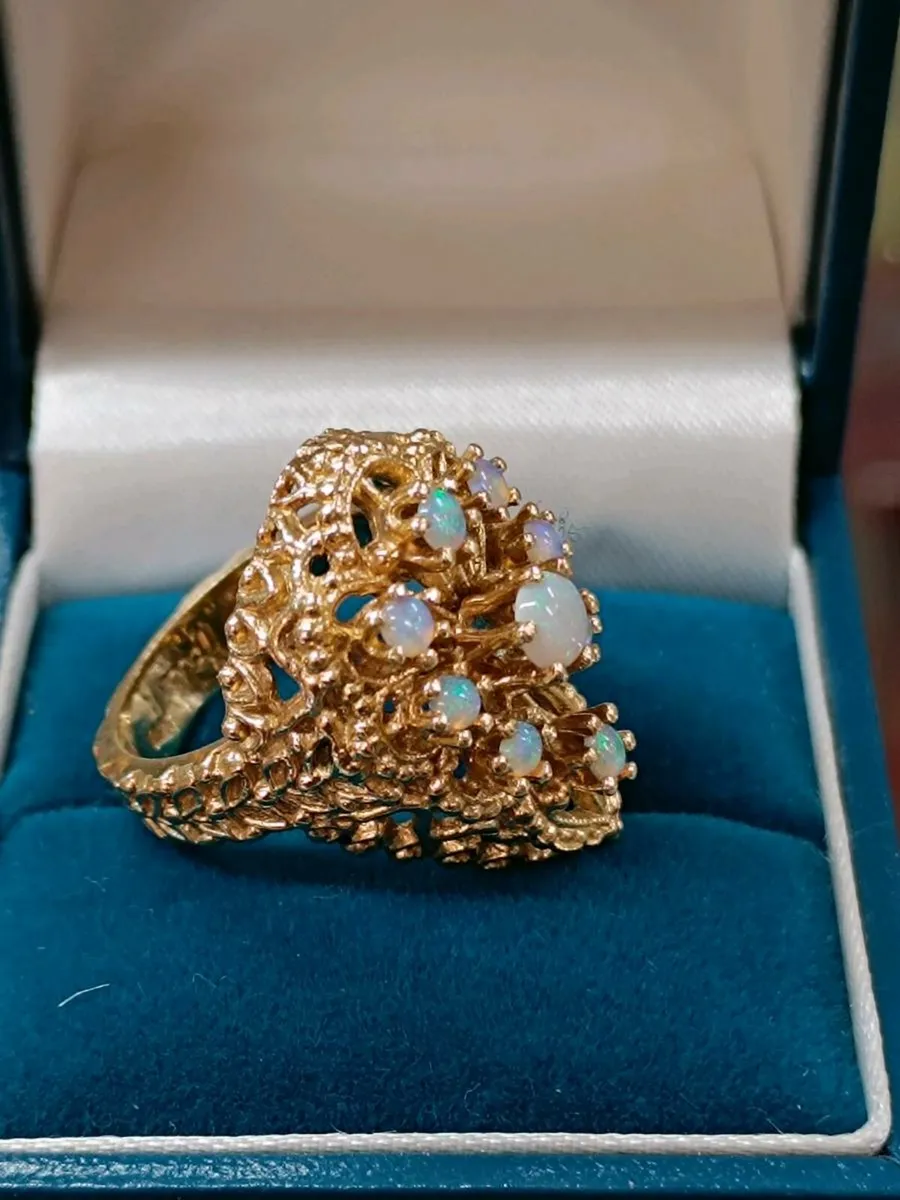 Opal Ornate Filigree Pear Cluster Ring ,14K Gold - Image 4