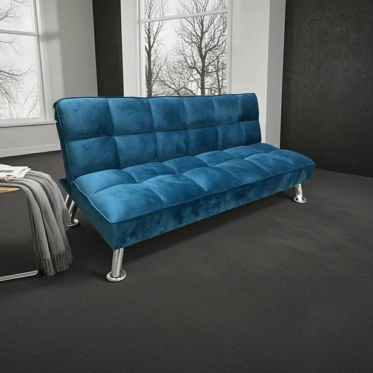 Blue Velvet 3-Seater Sofa Bed  Big Nov & Dec Deal - Image 1