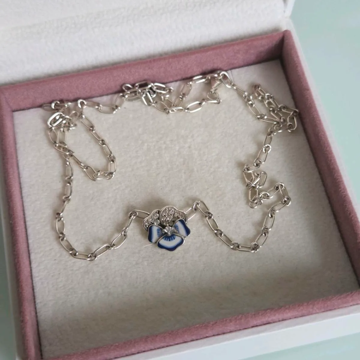 Pandora Blue Pansy Flower Pendant Necklace S925 - Image 1