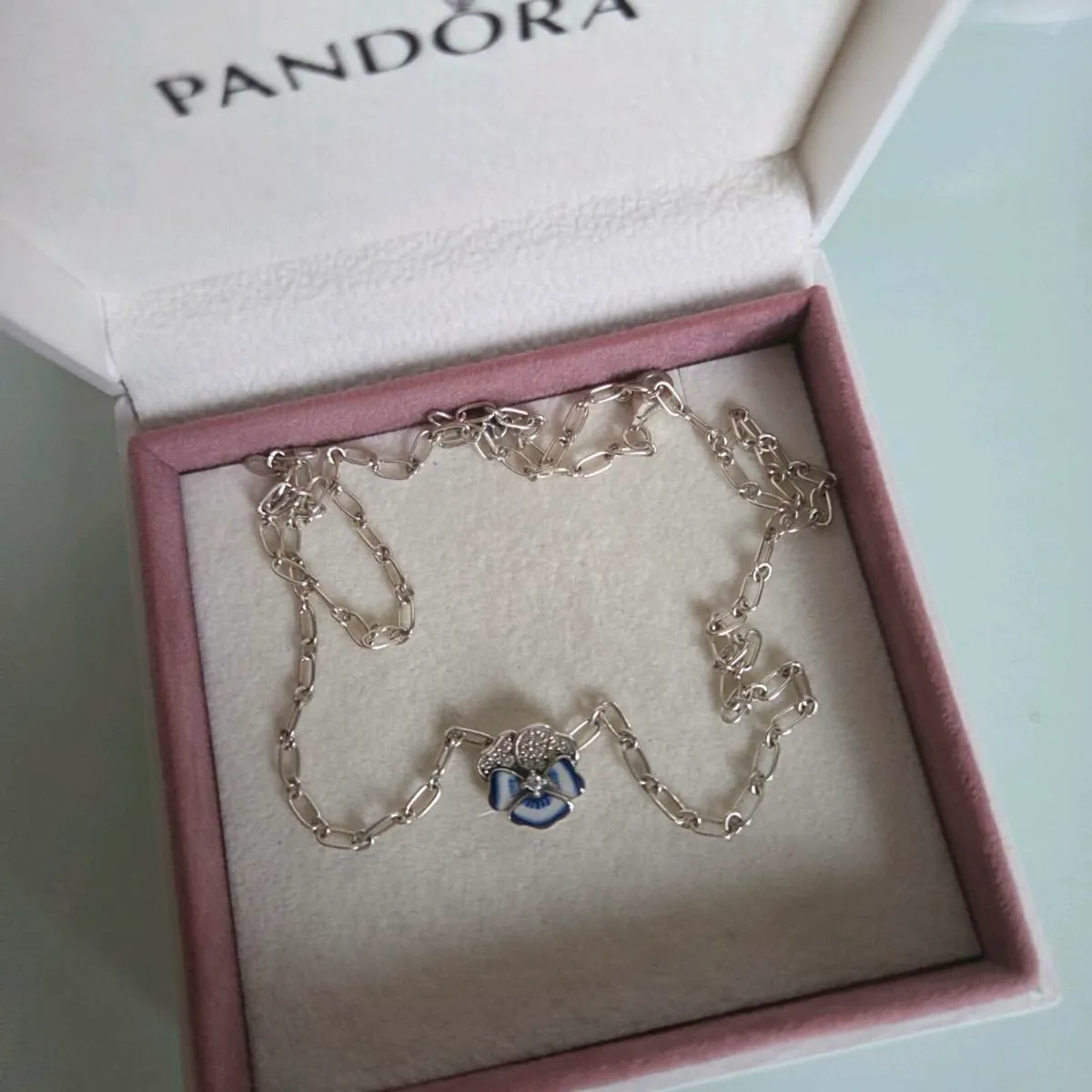 Pandora Blue Pansy Flower Pendant Necklace S925 - Image 3