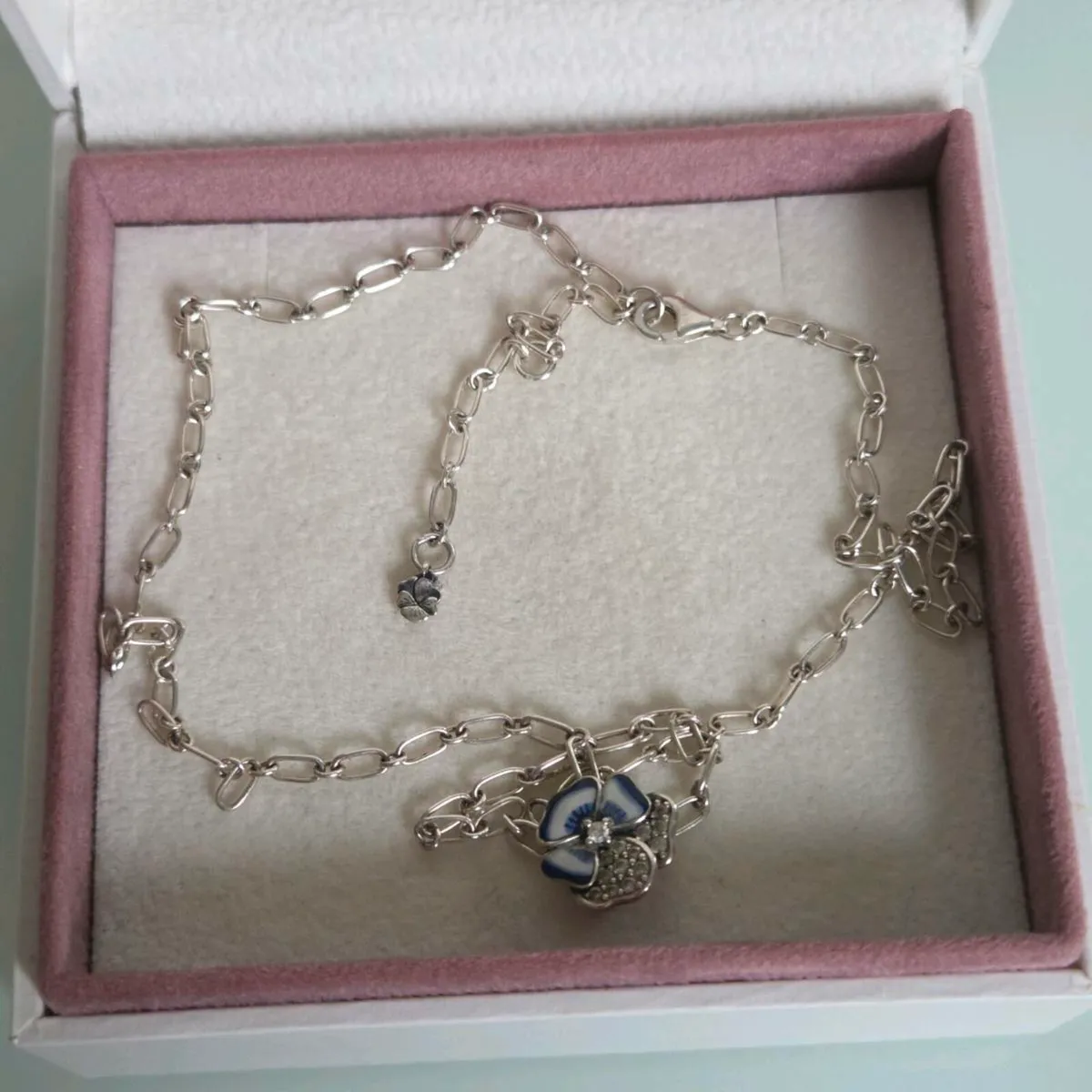 Pandora Blue Pansy Flower Pendant Necklace S925 - Image 4