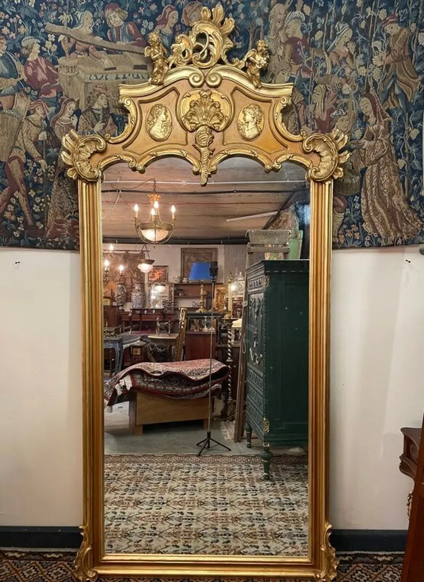 Grand French Style Gilt Mirror with Cherub & Plaques - Image 1