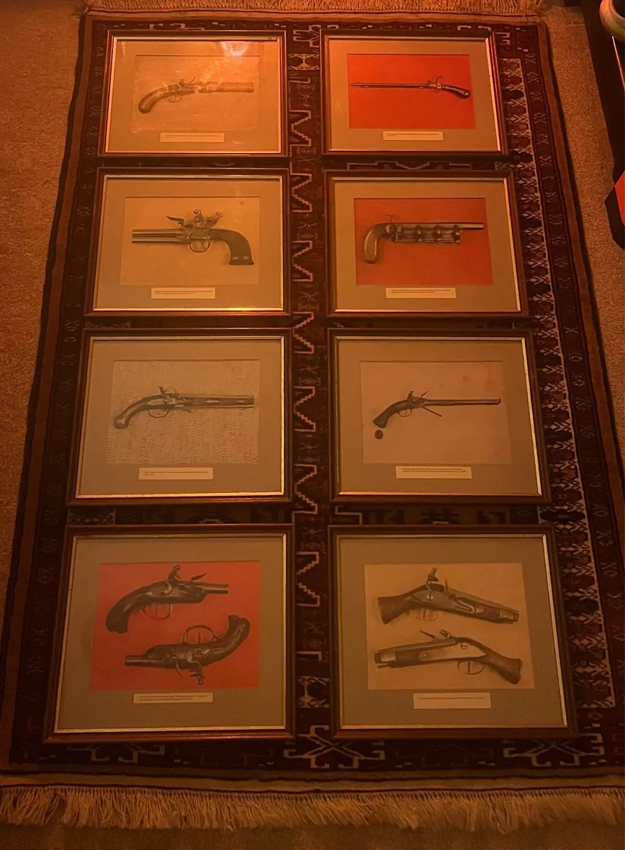 8 Vintage Framed Rare Flintlock Pistol Prints - Image 1