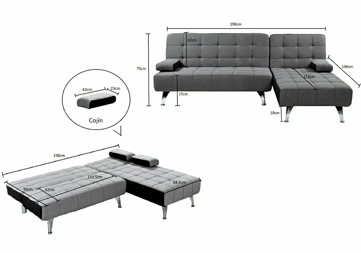 DARK GREY fabric Sofa Bed with Chaise and Cushions - Image 4