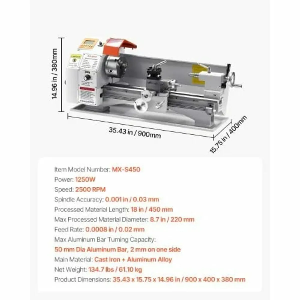 Lathe Machine, 220 x 450 mm(8.7 x 18 in), Precisio - Image 3