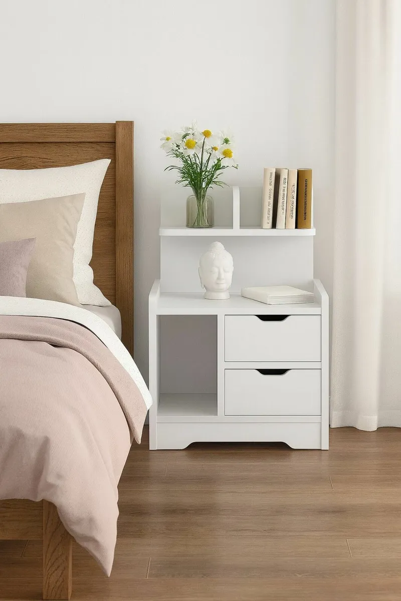 White Bedside Table with 2 Drawers - Image 1