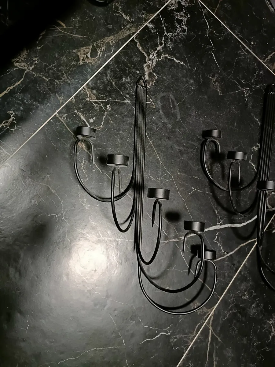 Pair of black wrought iron wall t lea light candle - Image 3