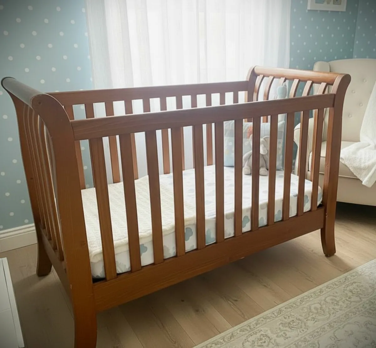 Large Wooden Baby Cot + Mattress - Image 1