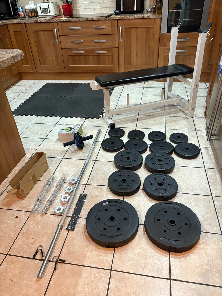 WEIGHT BENCH, WEIGHTS, MATS, BARBELL + DUMBBELLS! - Image 1