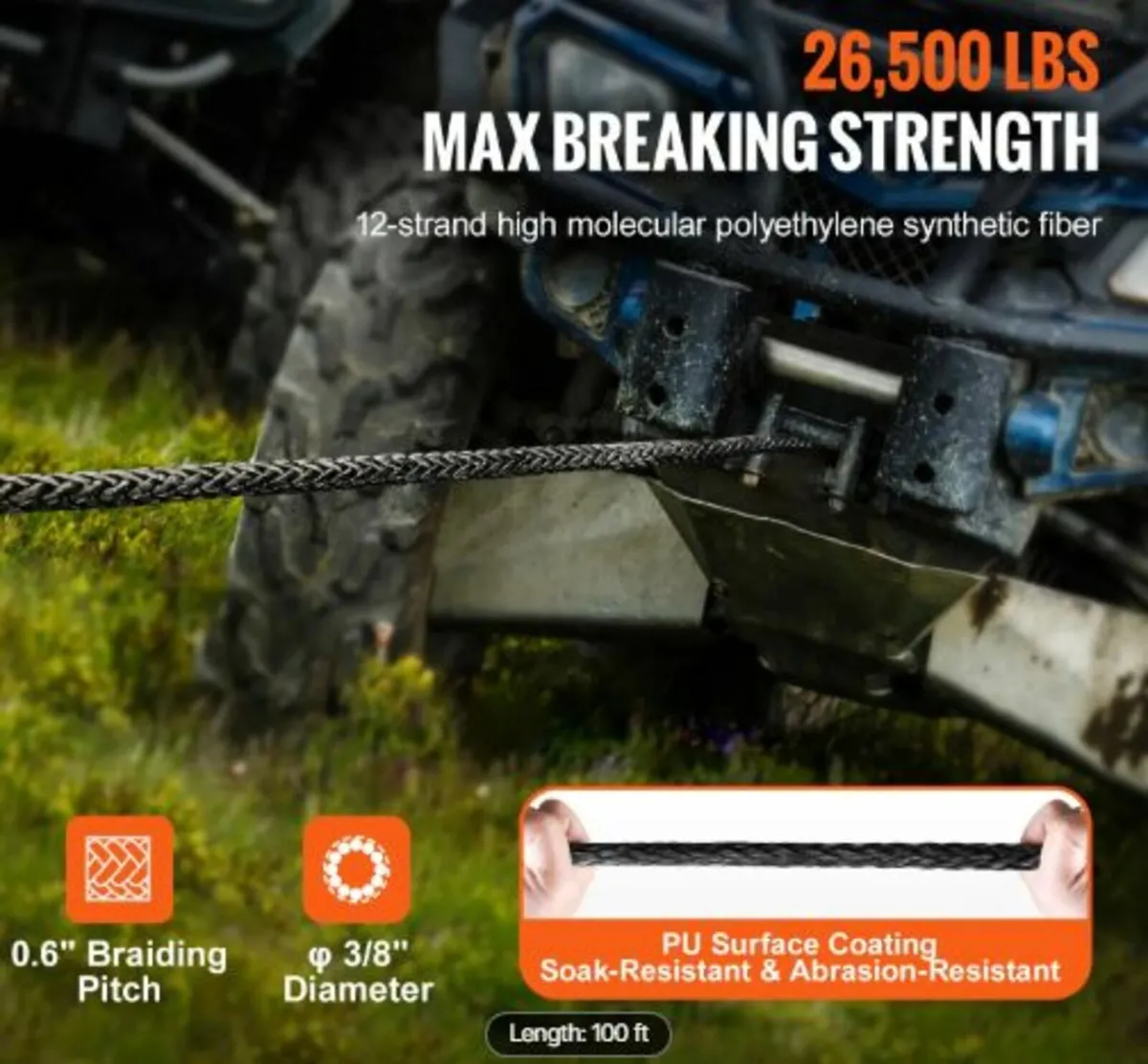 Synthetic Winch Rope, 9.5 mm x 30.48 m 12,020 kg - Image 2