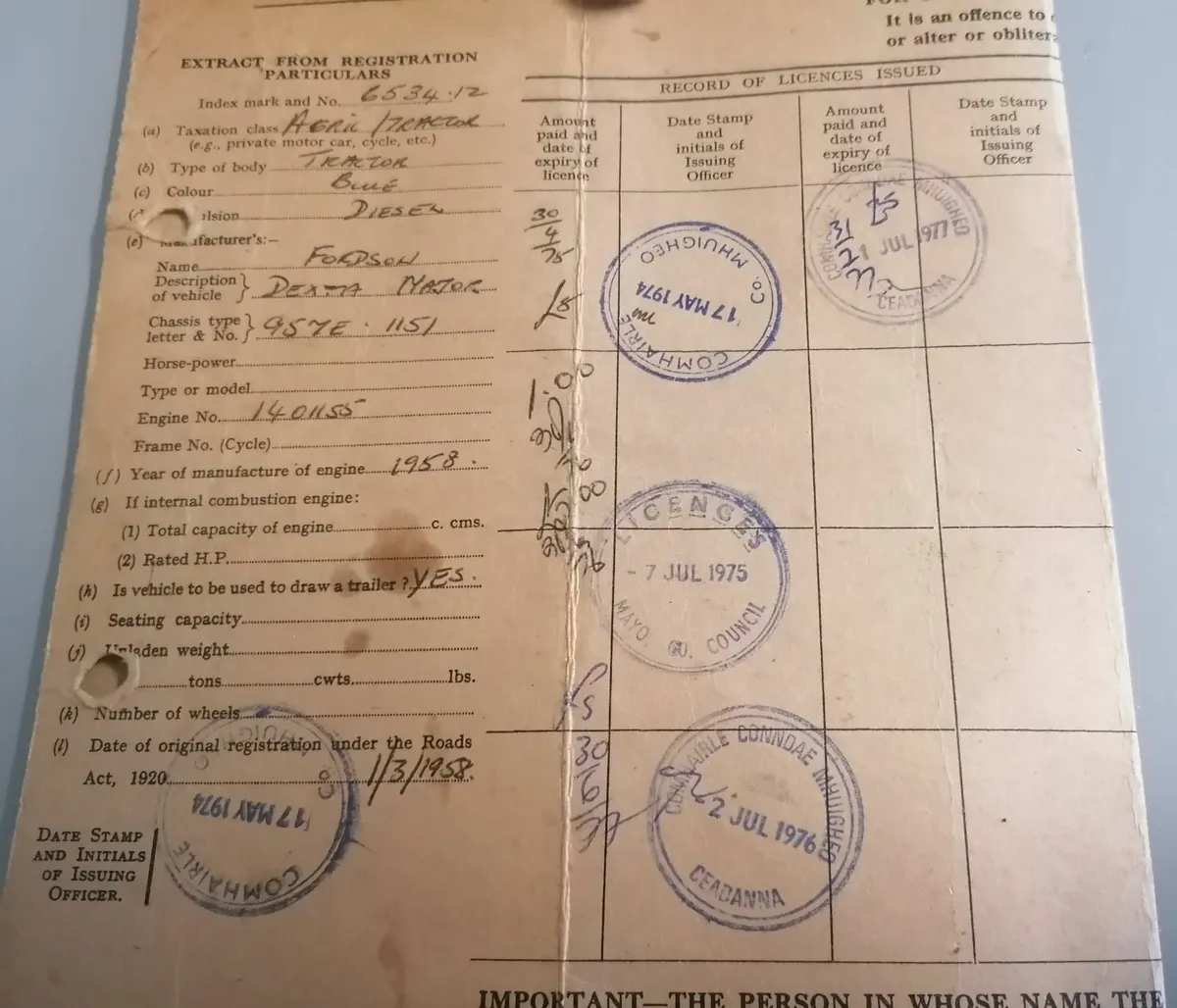 Old Dexter Major Tractor Tax Book